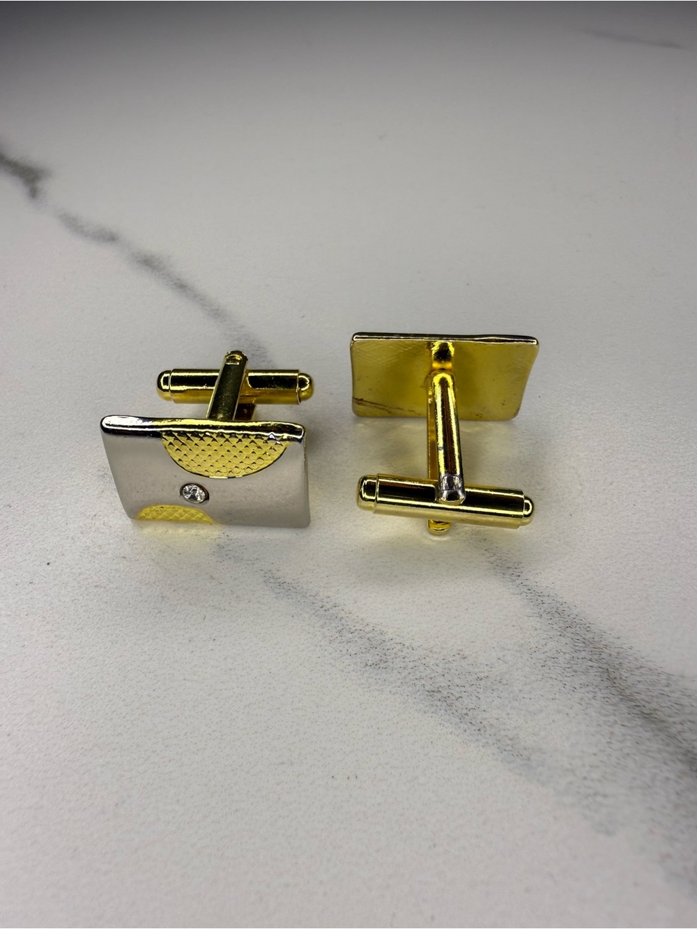 Gold Tone and Silver Two Tone Rectangular Cufflinks with Crystal Accent